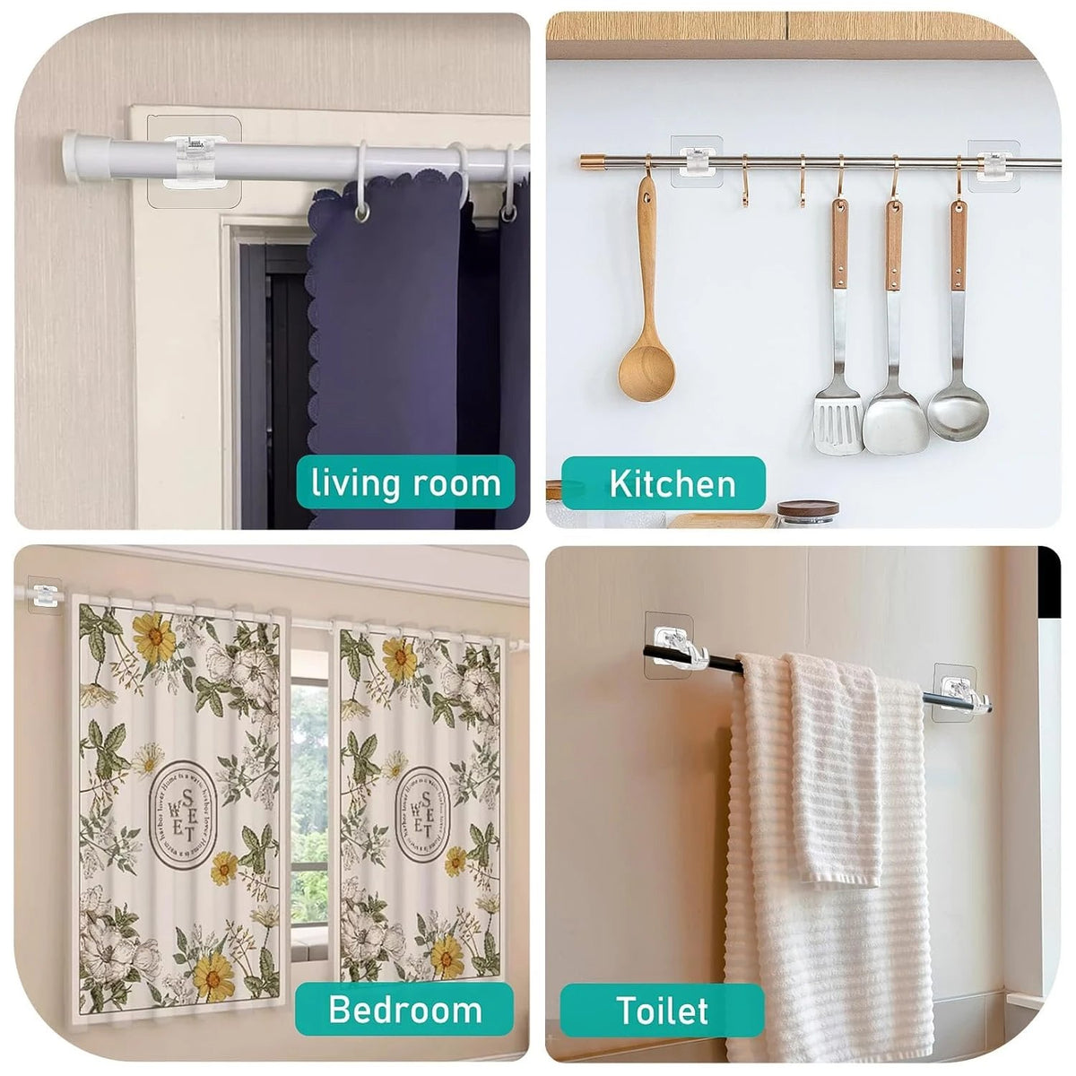 No Drill Curtain Rod Brackets No Drilling Self Adhesive Curtain Rod Holder Hooks Nail Free Adjustable Curtain Rod Hooks Curtain Hangers for Bathroom Kitchen Home Bathroom and Hotel( pack of 2 pcs)