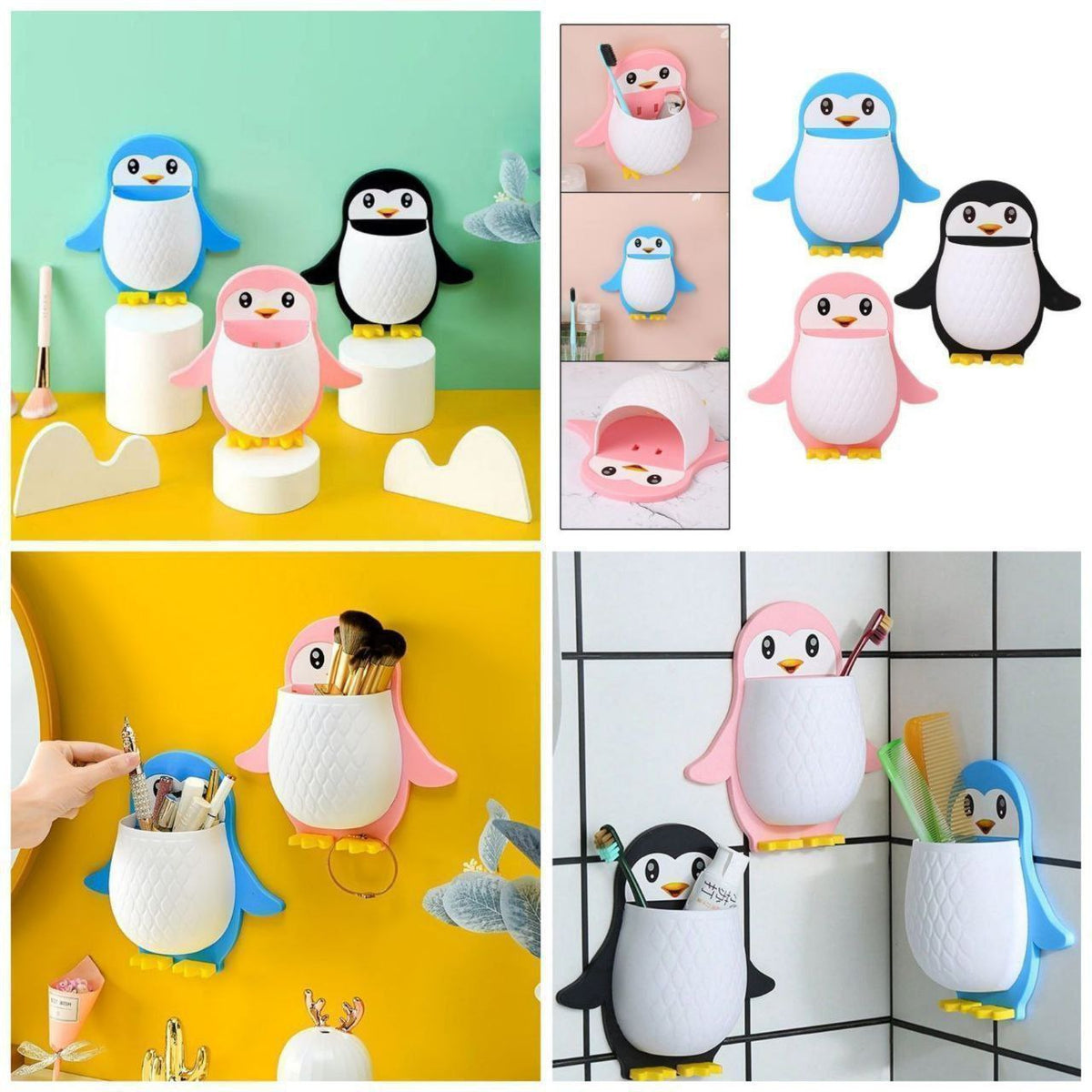Penguin Shaped Wall Mounted Holder, Self Adhesive Storage Organizer for Bathroom, Toothbrush and Brush Stand,Multipurpose Plastic Bathroom Accessory (Pack of 1)