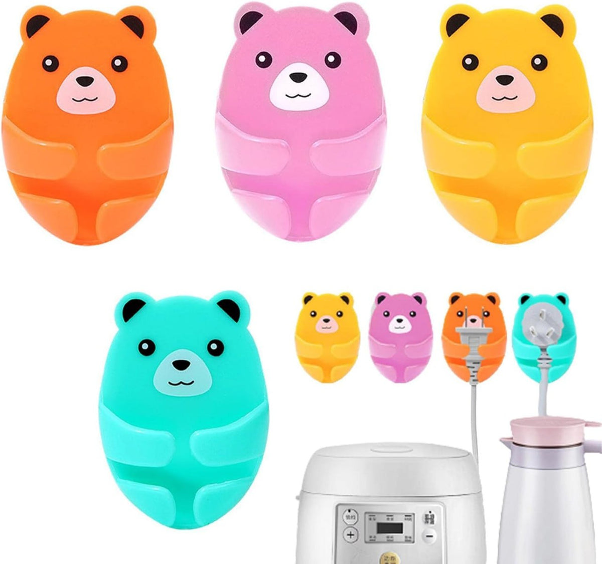 Cute Bears Wall Hooks Hanging Adhesive Hooks, Rurbeder Plug Wire Holder, Cartoon Bear Storage Hooks(Pack of 4)
