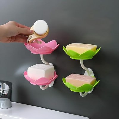 Flower Design Wall Mounted Soap Dish Holder for Bathroom & Kitchen | Double Layer Self Adhesive Soap Stand with Drainage | Magic Sticker Sponge Holder Sabundani (1 PC, Plastic, Multicolor)