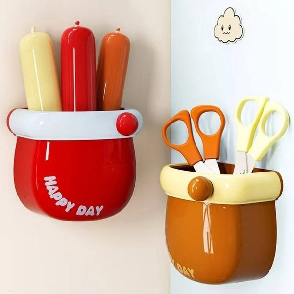 Thiwa Happy Day Magnetic Wall Mounted Storage Organizer Box, Multifunctional Pen Holder with Button Clip, Cute Desktop Organizer for Study Table, Bedside, Entrance Door Multicolor(Pack of -1)