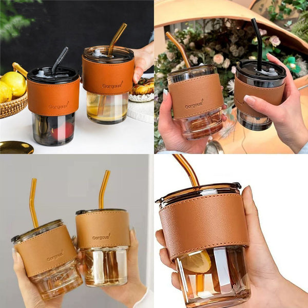 400ml Glass Sipper Mug with Leather Grip Sleeve – Leak-Proof Lid & Straw | Reusable Tumbler for Hot & Cold Beverages, Water, Juice, Coffee | Home, Bar, Office Use (Black, Pack of 1)