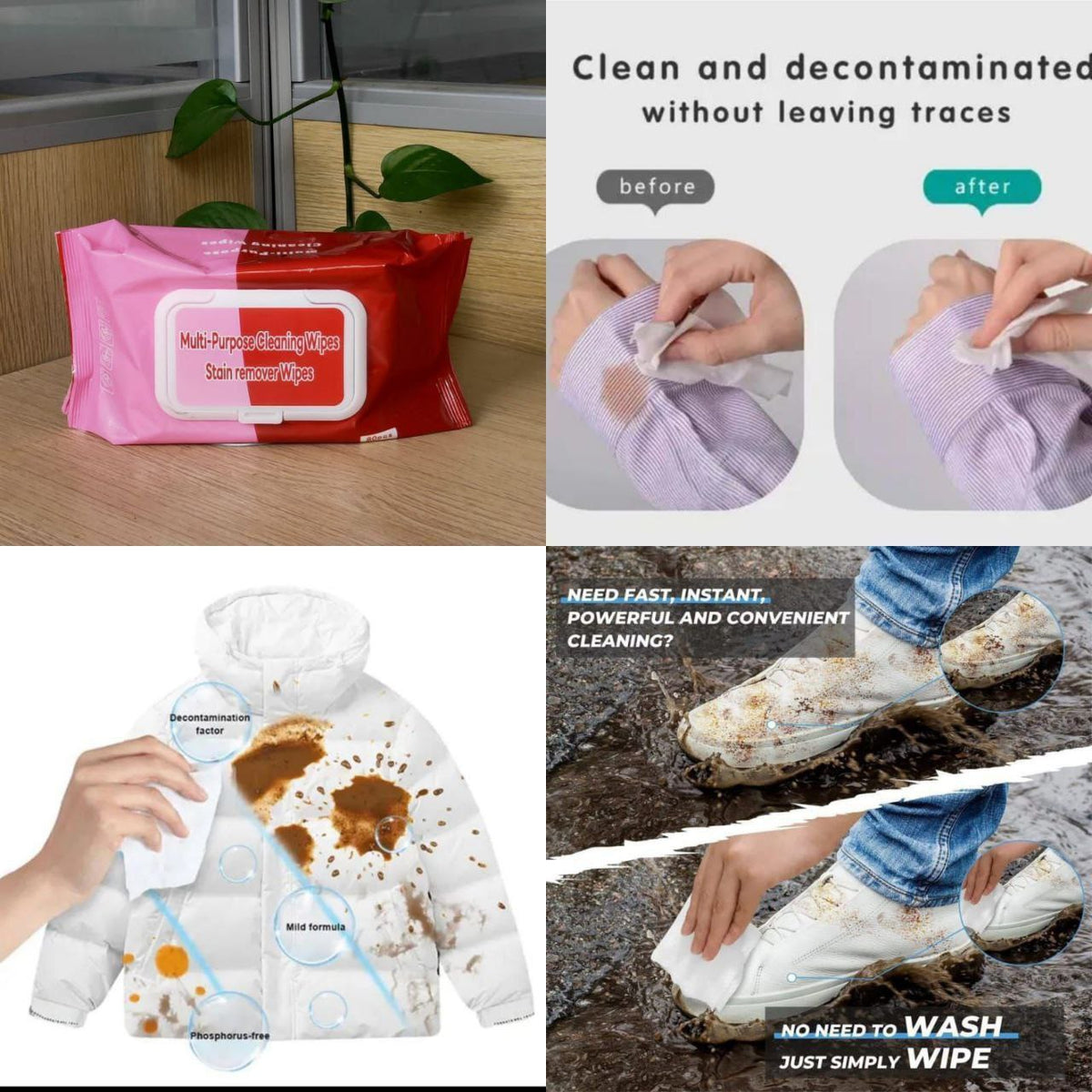 Multipurpose Stain Remover Wipes (80 PCS) | Instant Stain Cleaning Wipes for Cotton, Linen, Polyester, Blended Fabric, Denim & Down Jacket | Portable Fabric Stain Cleaner for Home, Travel