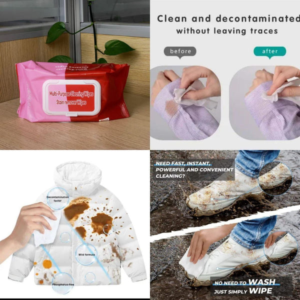 Multipurpose Stain Remover Wipes (80 PCS) | Instant Stain Cleaning Wipes for Cotton, Linen, Polyester, Blended Fabric, Denim & Down Jacket | Portable Fabric Stain Cleaner for Home, Travel