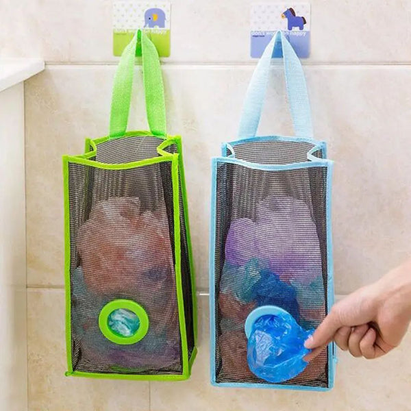 Plastic Reusable Net Wall Hanging Garbage Grocery Shopping Bag Storage Dispenser Holder Pouch- Trash Bag Organizer For Kitchen Home - Pack Of 2 Count (Multicolor)