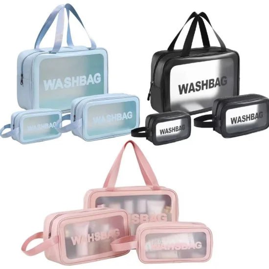 Pvc Cosmetic Pouch, Make Up Bag For Home & Travel, Toiletry Bag For Cosmetics, Brushes, Accessories Set Of 3 - Wash Bag - Light Pink And Black