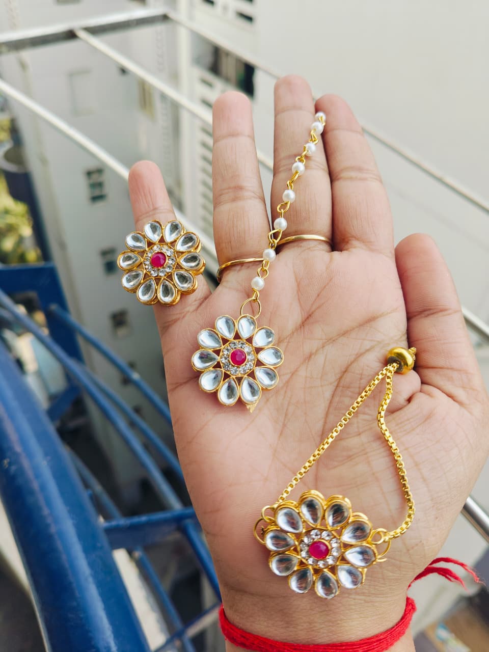 kundan flower Brtacelet + ring + Mangtika combo