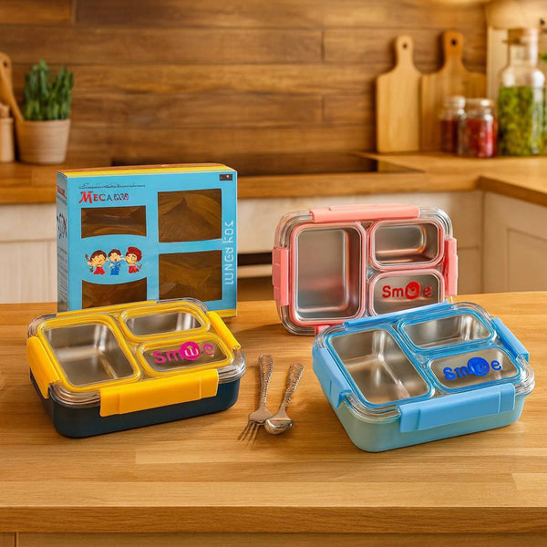 3 Compartment Lunch Box Insulated Air Tight And Portable Utensils, Stainless Steel 100% Leak Proof Lunch Containers with a Fork, a Spoon and a Pair of Chopsticks For School Kids -750Ml